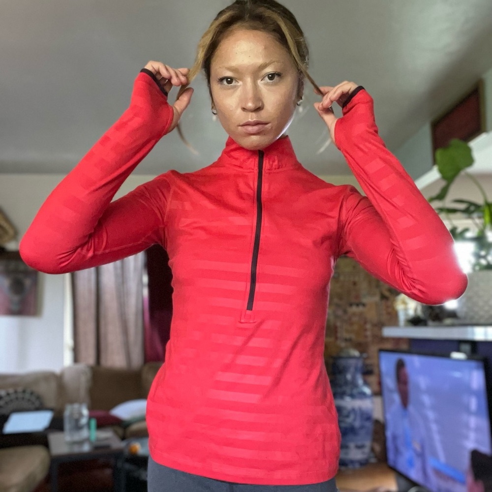 Red Striped Nike Jacket with Half Zipper & Thumb Holes